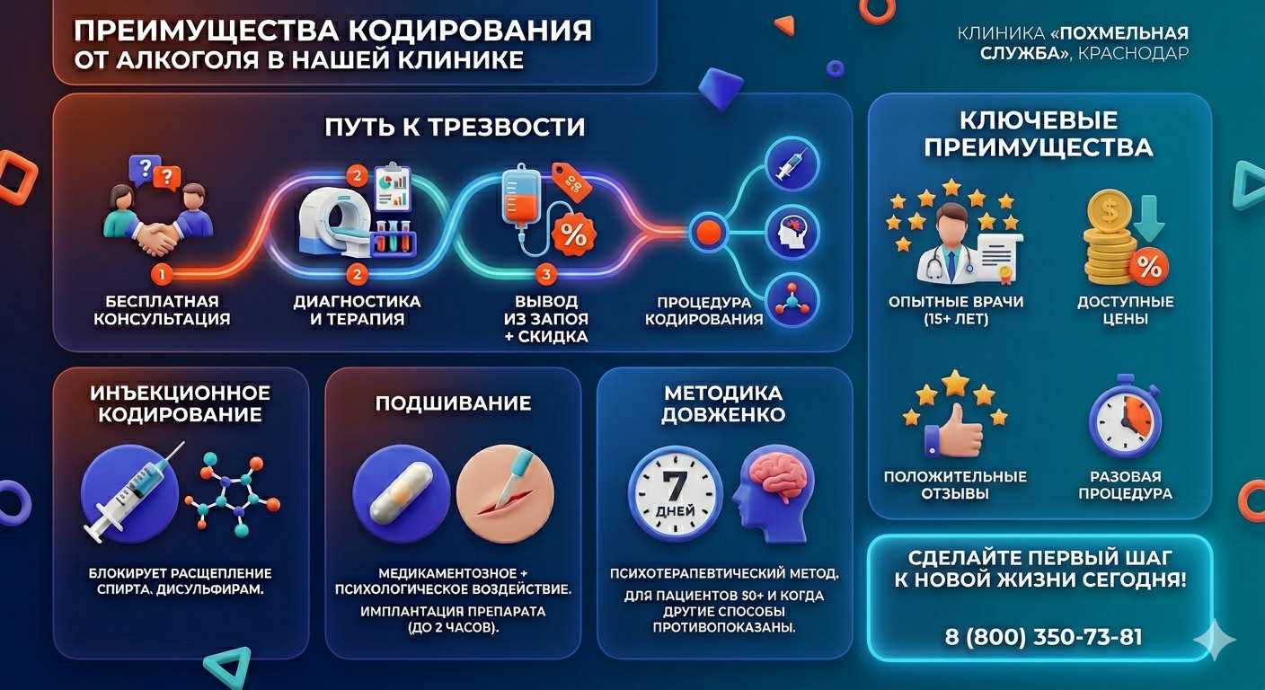 Инфографика о методах кодирования от алкоголя в Юго-Камском: инъекции, подшивание, метод Довженко. Преимущества клиники и этапы лечения.