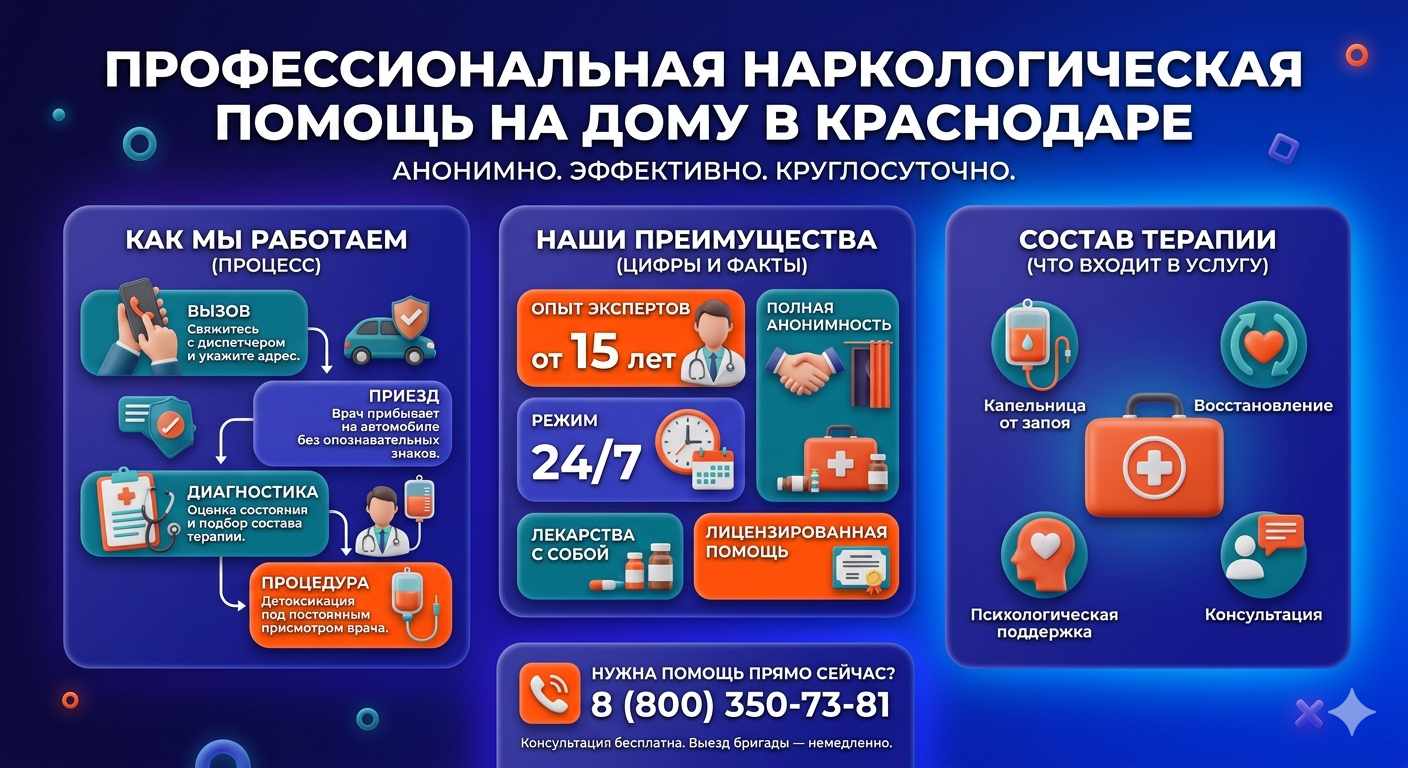 Инфографика о принципах лечения алкоголизма на дому в Юго-Камском: этапы вызова нарколога, преимущества анонимной детоксикации и состав медицинской помощи.